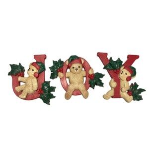 Homco Christmas JOY 3pc Teddy Bears Wall Hanging Decor Holly & Berries  7610 Vtg